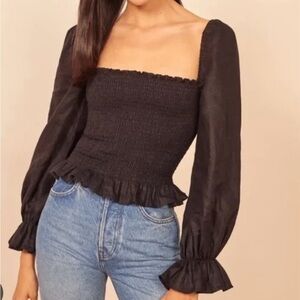 Black Smocked Long Sleeve Top